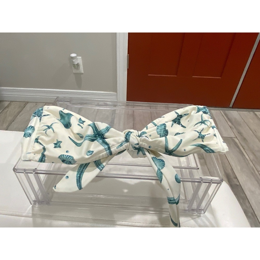 Agua Bendita Starfish Print Bandeau Bikini Top Cream Teal Medium